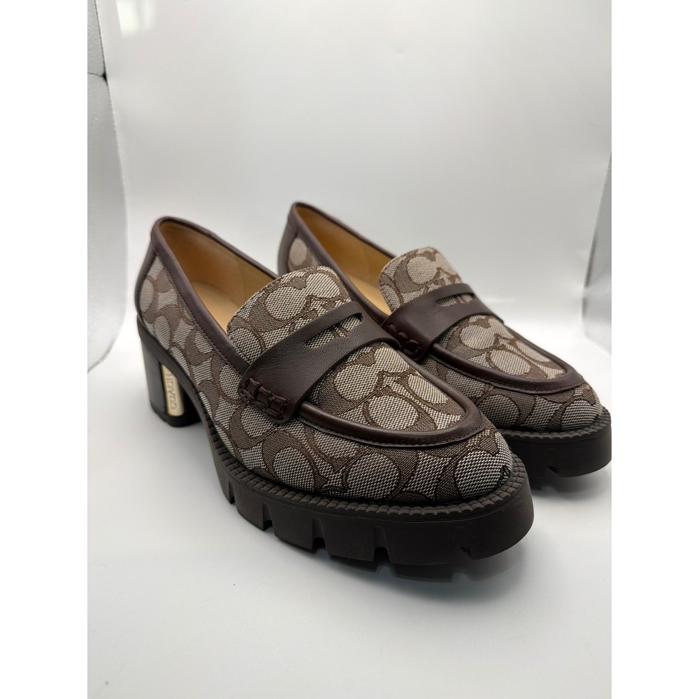 Coach Leah Loafer Signature Jacquard Leather Block Heel Lug Sole Brown Size 6.5